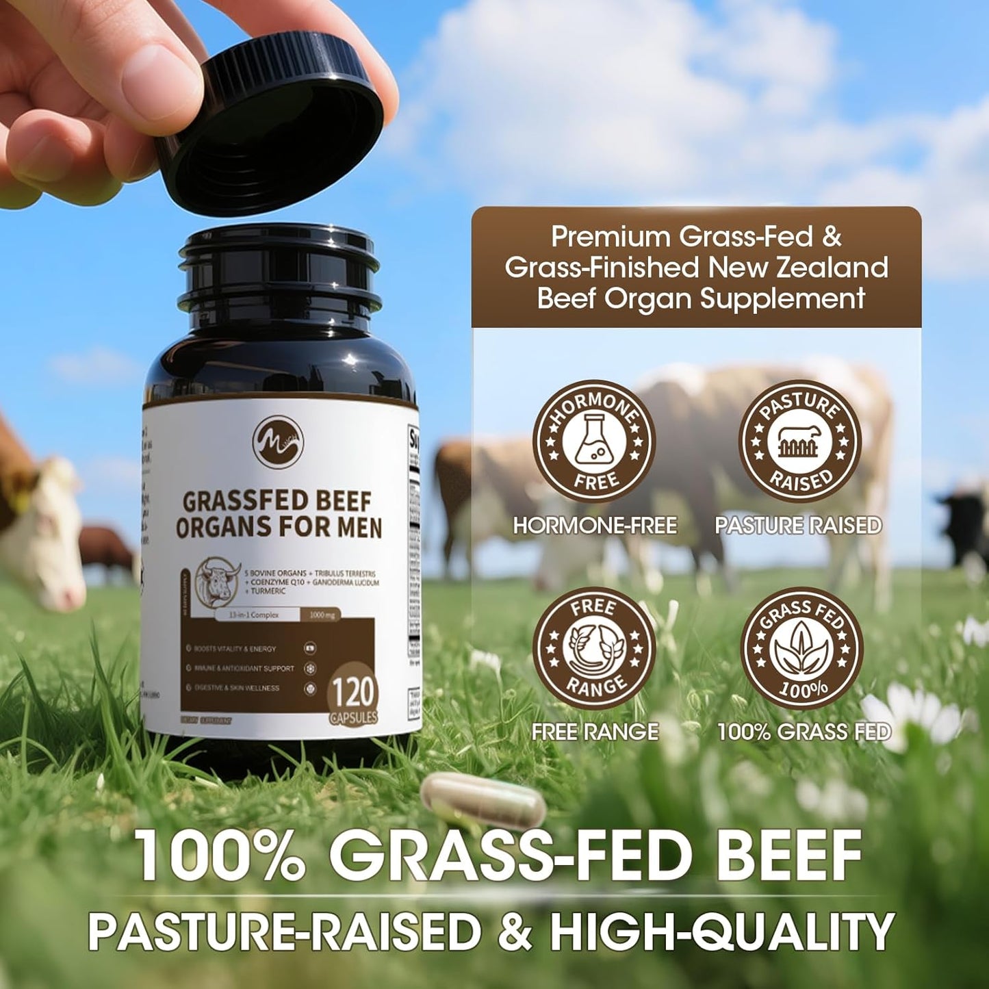 13-in-1 Vitality Complex Beef Organs Supplement for Men with Grass-Fed Beef Liver, Heart, Kidney, Pancreas, Tribulus Terrestris, CoQ10, Ganoderma