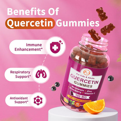 M inch Quercetin Gummies with Bromelain, Elderberry, Zinc and Vitamin C - Chewable Quercetin 700 mg Supplement for Immunity, Allergy, Antioxidant Support - 60 Vegan Gummies