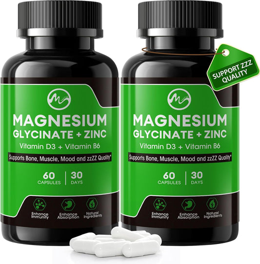(2 Pack) Magnesium Glycinate Capsules, Magnesium Supplement 400 mg with Zinc,Vitamin D3 & B6 - Highly Bioavailable and Absorption - Bone,Heart,Joint,Immune Support - 120CT