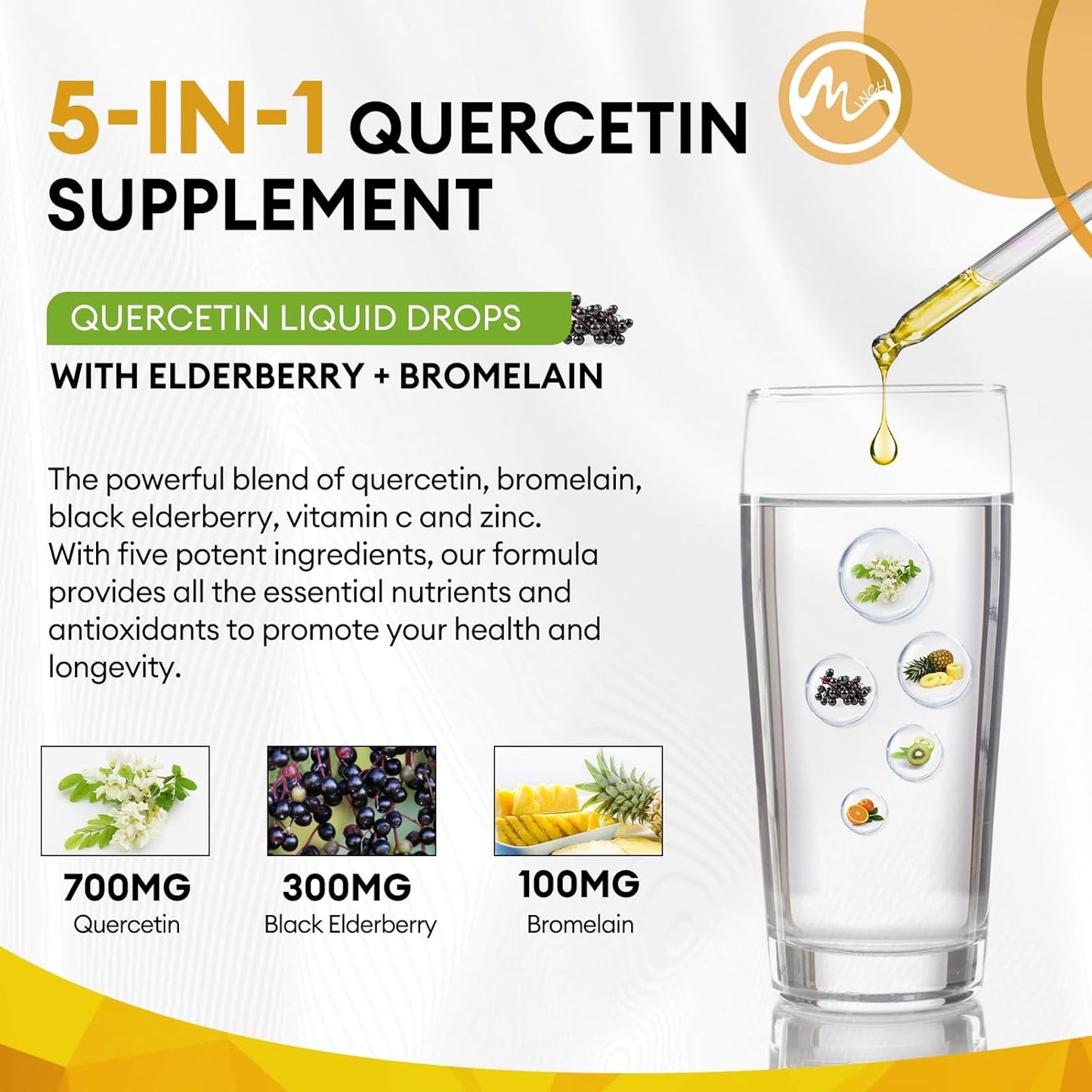 Quercetin Supplements 700mg Liquid Drops- 5 in 1 Quercetin with Bromelain Elderberry Vitamin for Immunity Health Respiratory