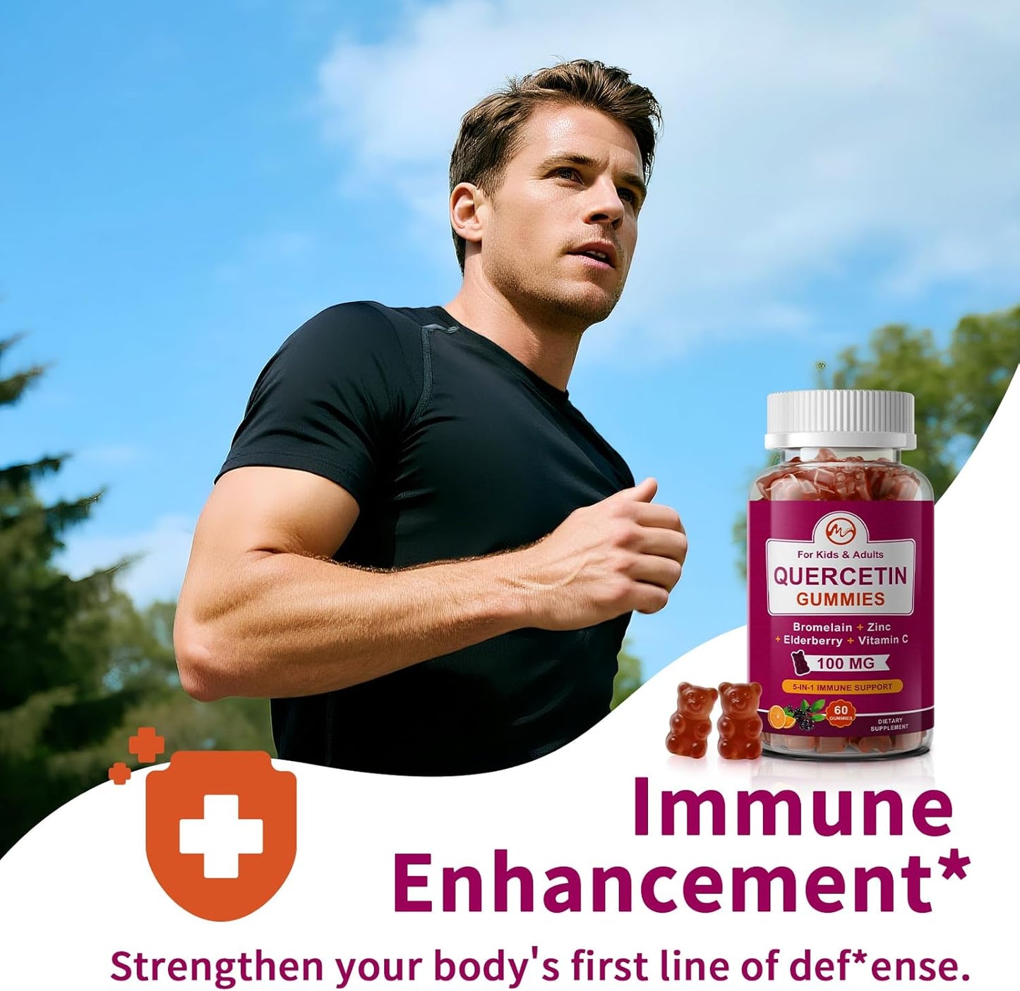 M inch Quercetin Gummies with Bromelain, Elderberry, Zinc and Vitamin C - Chewable Quercetin 700 mg Supplement for Immunity, Allergy, Antioxidant Support - 60 Vegan Gummies