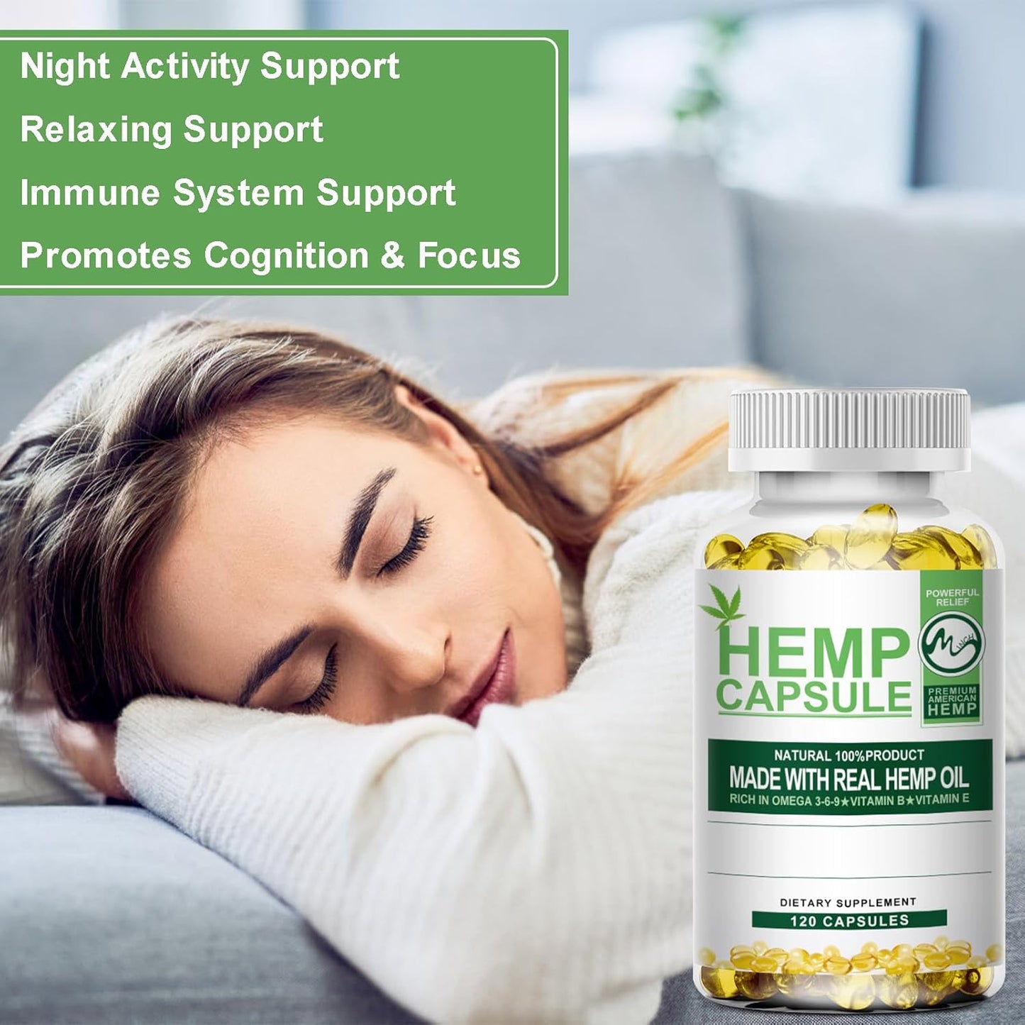 Hemp Oil Capsules - Maximum Strength, Immune Support, Focus Calm, Relaxation, Mood, Rich in Omega 3, 6, 9 Fatty Acids, Vegan, Non-GMO - 120 Ct