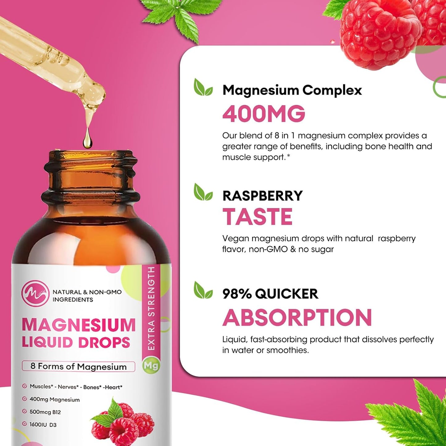 8 in 1 Magnesium Complex Liquid Drops Supplement with Magnesium Glycinate, Citrate, Malate, Taurate, for Brain, Night, Muscle, Bone, Cramps, Raspberry Flavor(3 Pack)