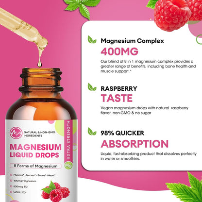 8 in 1 Magnesium Complex Liquid Drops Supplement with Magnesium Glycinate, Citrate, Malate, Taurate, for Brain, Night, Muscle, Bone, Cramps, Raspberry Flavor(3 Pack)