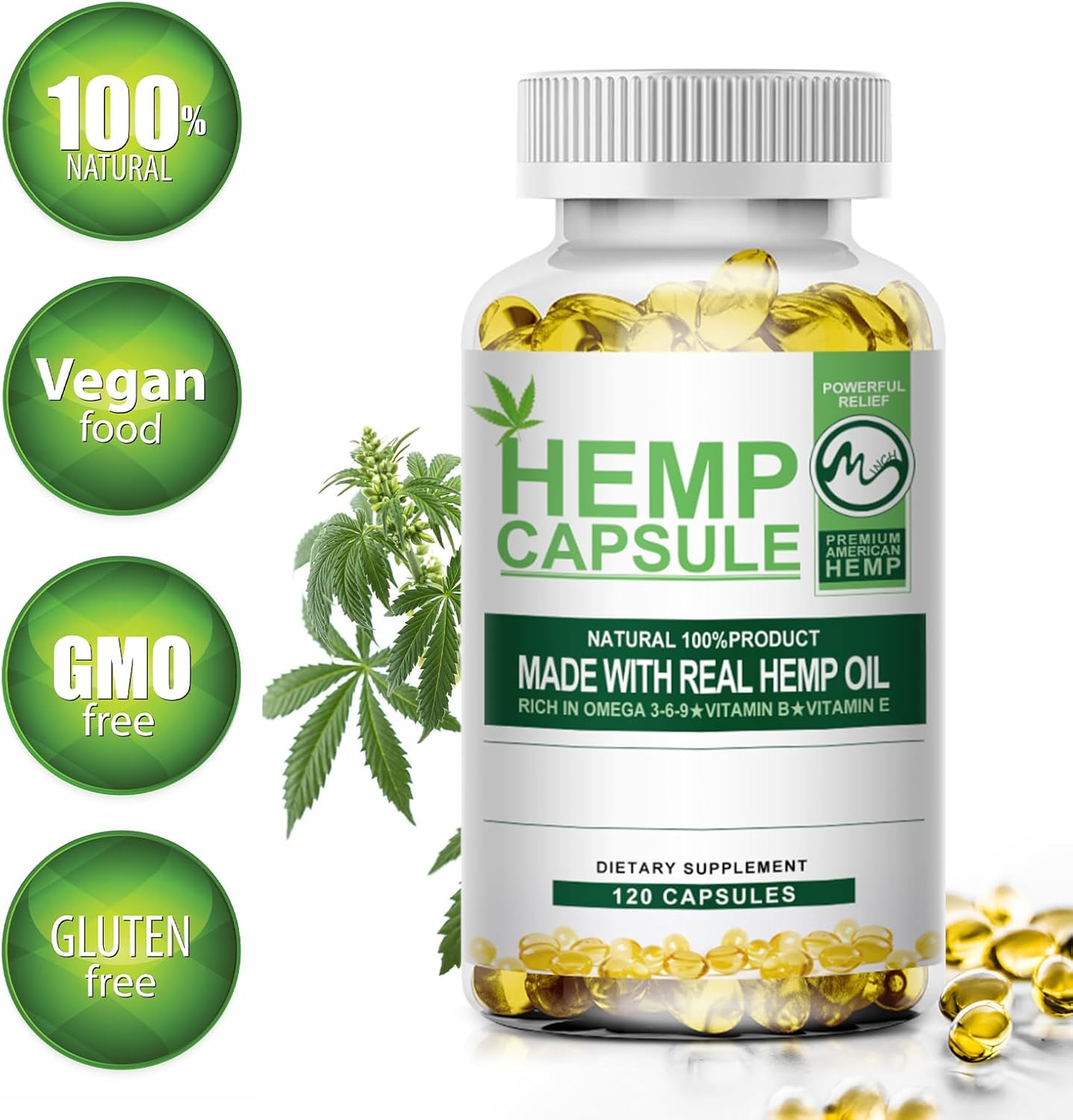 Hemp Oil Capsules - Maximum Strength, Immune Support, Focus Calm, Relaxation, Mood, Rich in Omega 3, 6, 9 Fatty Acids, Vegan, Non-GMO - 120 Ct