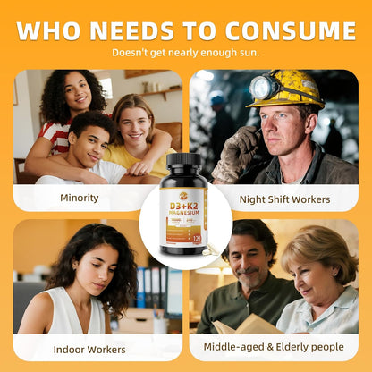 M inch Vitamin D3 K2 with Magnesium Complex, Vitamin D3 10000 IU, Vitamin K2 MK-7 240 mcg, 6-in-1 K2 D3 Vitamin Supplement for Bone, Immune & Mood Support, Highly Bioavailable, 120 Capsules