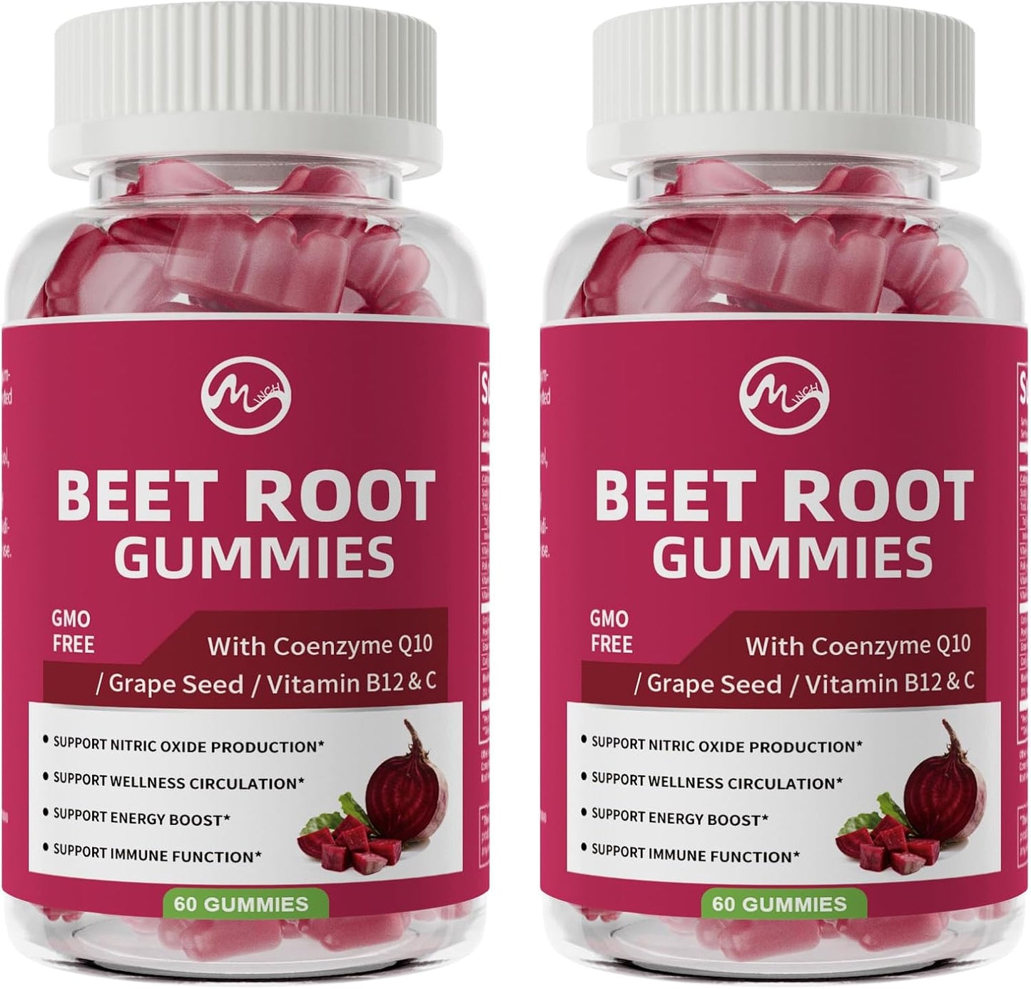 M inch Beet Root Gummies with Nitric Oxide Supplement with Beetroot, Grape Seed, Coq10, Folic Acid, Vitamin C, B3 & B12 for Energy Boost & Circulation Support, Pomegranate Flavor, 2 Packs