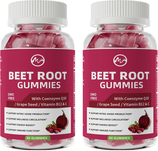 M inch Beet Root Gummies with Nitric Oxide Supplement with Beetroot, Grape Seed, Coq10, Folic Acid, Vitamin C, B3 & B12 for Energy Boost & Circulation Support, Pomegranate Flavor, 2 Packs