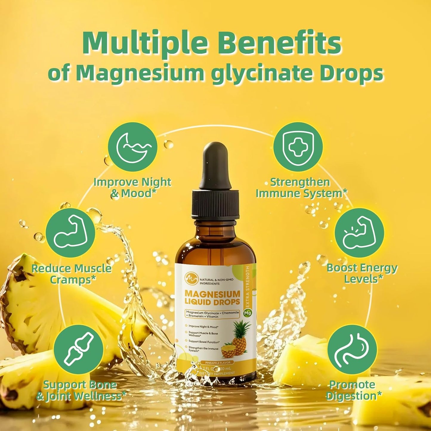 M inch High Absorption Magnesium Glycinate Liquid Drops with Chamomile, Hawthorn, Ginger Extract & Vitamin B6, B9, B12, C, D3, Pineapple Flavor, 2 Pack