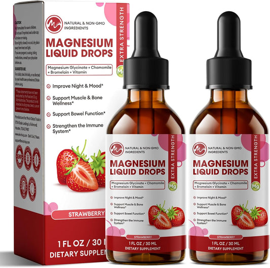 M inch Magnesium Glycinate Liquid, High Absorption Magnesium Liquid Drops with Cellulose Fiber, Bromelain, Vitamin B6, C, D, Zinc, Magnesium Supplement for Kids and Adults, Strawberry Flavor, 2 Pack