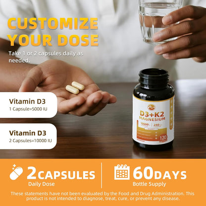 M inch Vitamin D3 K2 with Magnesium Complex, Vitamin D3 10000 IU, Vitamin K2 MK-7 240 mcg, 6-in-1 K2 D3 Vitamin Supplement for Bone, Immune & Mood Support, Highly Bioavailable, 120 Capsules