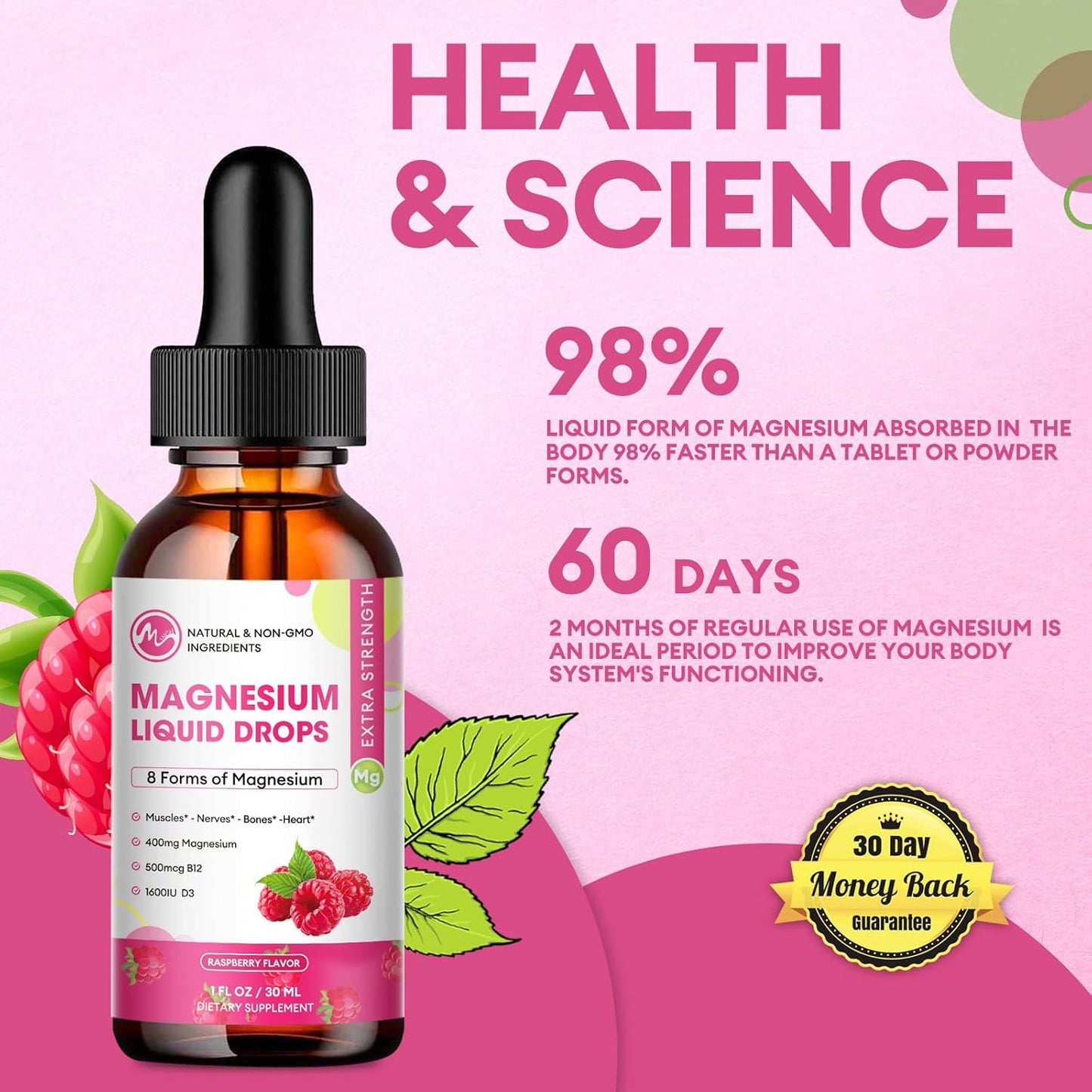 8 in 1 Magnesium Complex Liquid Drops Supplement with Magnesium Glycinate, Citrate, Malate, Taurate, for Brain, Night, Muscle, Bone, Cramps, Raspberry Flavor(3 Pack)