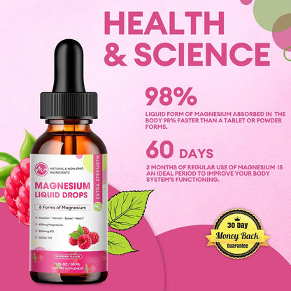 8 in 1 Magnesium Complex Liquid Drops Supplement with Magnesium Glycinate, Citrate, Malate, Taurate, for Brain, Night, Muscle, Bone, Cramps, Raspberry Flavor(3 Pack)