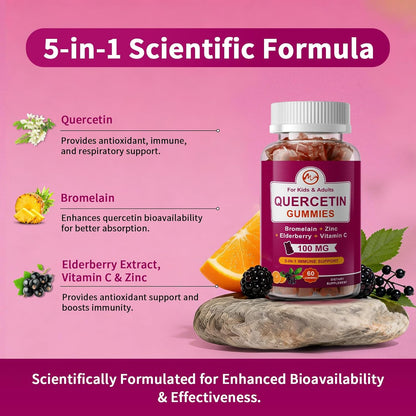 M inch Quercetin Gummies with Bromelain, Elderberry, Zinc and Vitamin C - Chewable Quercetin 700 mg Supplement for Immunity, Allergy, Antioxidant Support - 60 Vegan Gummies
