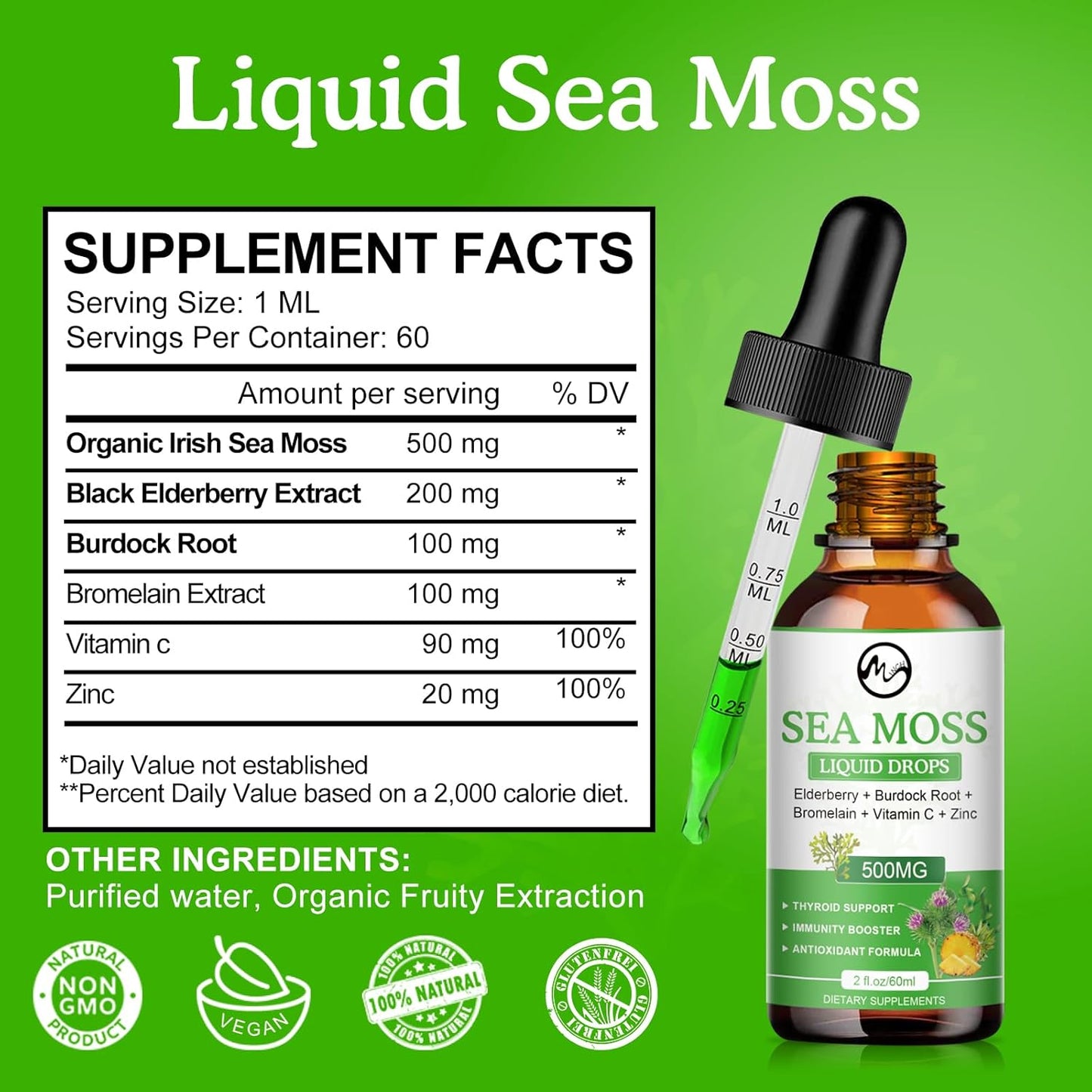 Sea Moss Liquid Drops - Irish Sea Moss 2000mg with Elderberry, Burdock Root, Bromelain, Vitamin C and Zinc - 98 Essential Minerals Seamoss Supplement for Immune, Joint, Digestion, Aging Support - 2oz