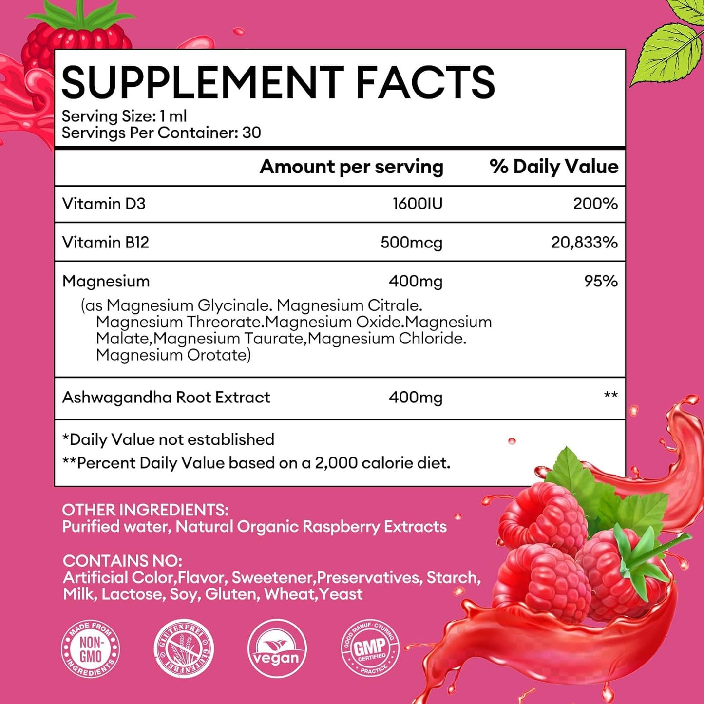 8 in 1 Magnesium Complex Liquid Drops Supplement with Magnesium Glycinate, Citrate, Malate, Taurate, for Brain, Night, Muscle, Bone, Cramps, Raspberry Flavor(3 Pack)
