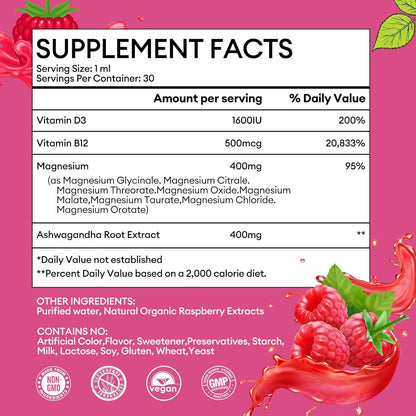 8 in 1 Magnesium Complex Liquid Drops Supplement with Magnesium Glycinate, Citrate, Malate, Taurate, for Brain, Night, Muscle, Bone, Cramps, Raspberry Flavor(3 Pack)