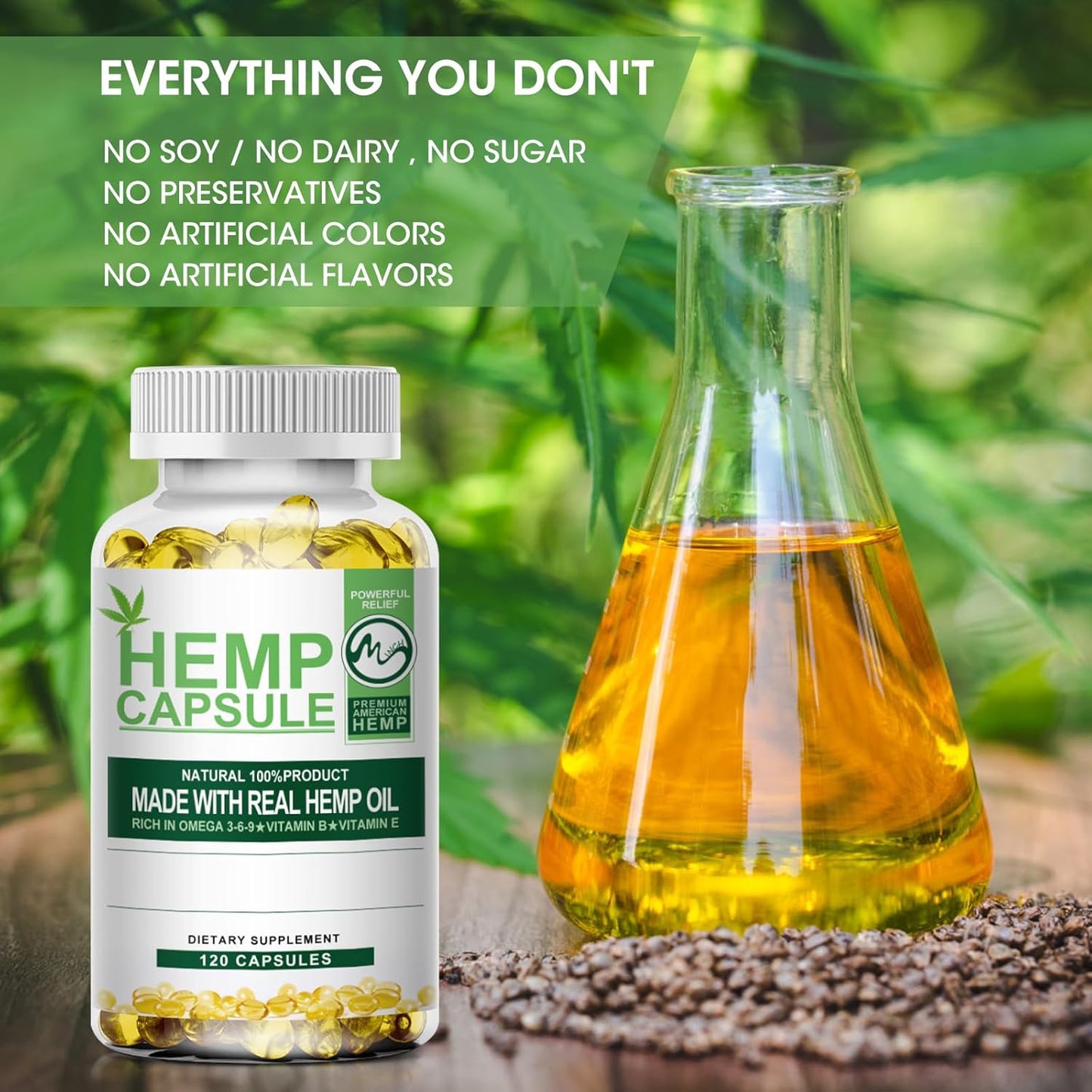 Hemp Oil Capsules - Maximum Strength, Immune Support, Focus Calm, Relaxation, Mood, Rich in Omega 3, 6, 9 Fatty Acids, Vegan, Non-GMO - 120 Ct