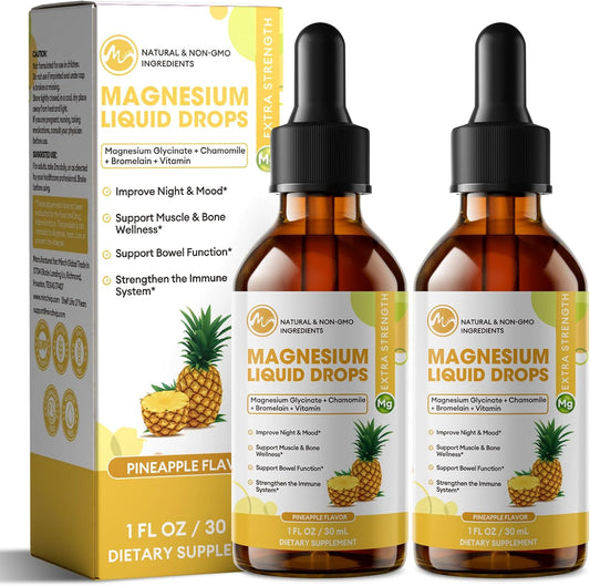 M inch High Absorption Magnesium Glycinate Liquid Drops with Chamomile, Hawthorn, Ginger Extract & Vitamin B6, B9, B12, C, D3, Pineapple Flavor, 2 Pack