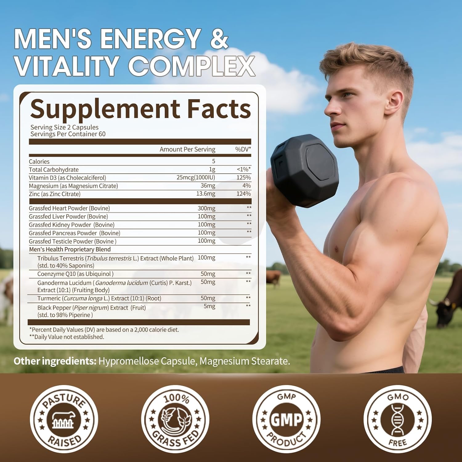 Beef testicle and CoQ10 blend for men's hormone and heart wellness