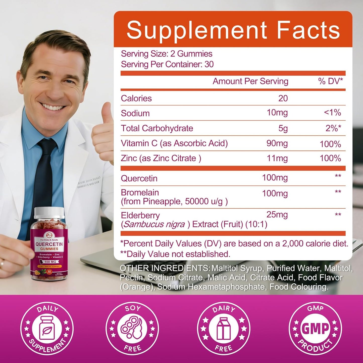 M inch Quercetin Gummies with Bromelain, Elderberry, Zinc and Vitamin C - Chewable Quercetin 700 mg Supplement for Immunity, Allergy, Antioxidant Support - 60 Vegan Gummies