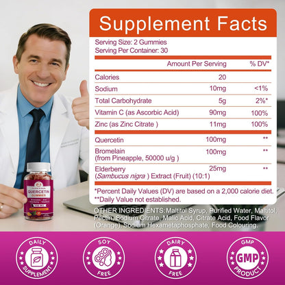 M inch Quercetin Gummies with Bromelain, Elderberry, Zinc and Vitamin C - Chewable Quercetin 700 mg Supplement for Immunity, Allergy, Antioxidant Support - 60 Vegan Gummies