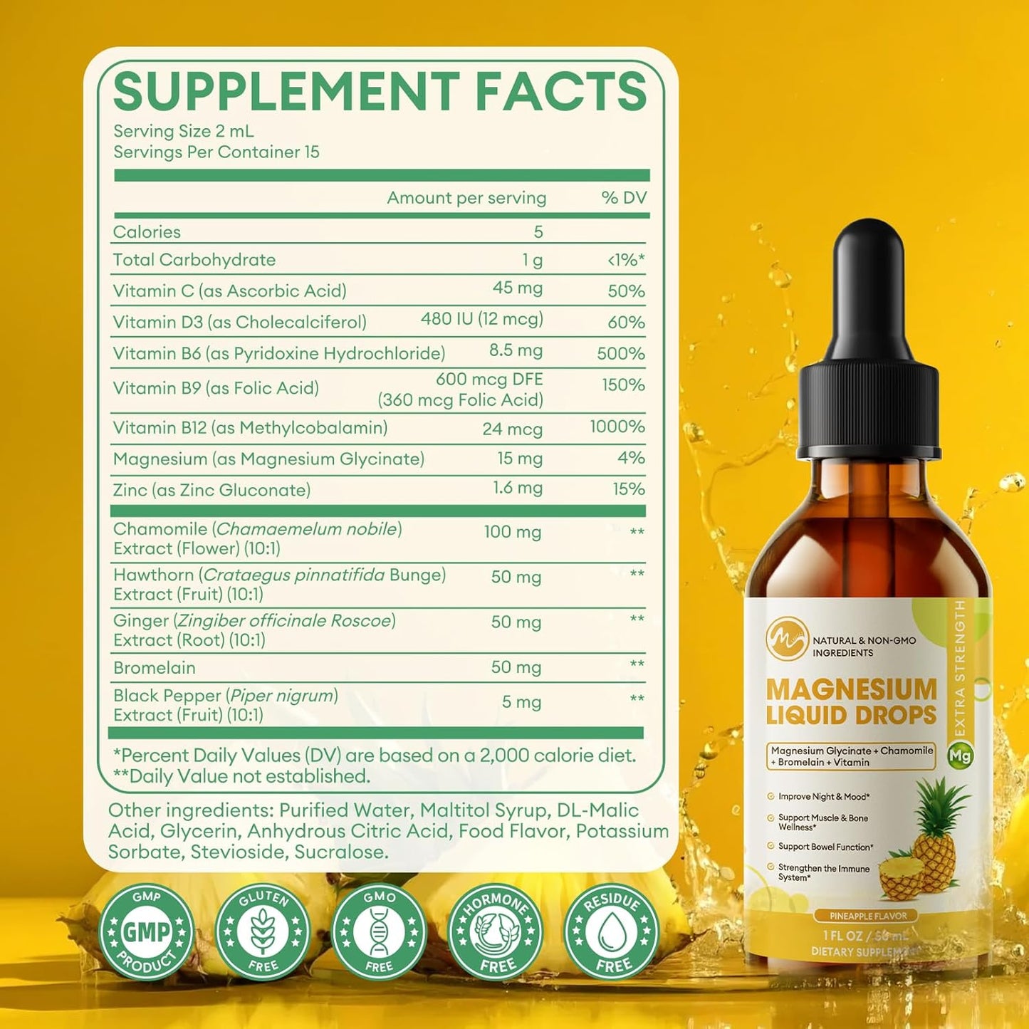 M inch High Absorption Magnesium Glycinate Liquid Drops with Chamomile, Hawthorn, Ginger Extract & Vitamin B6, B9, B12, C, D3, Pineapple Flavor, 2 Pack