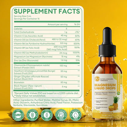 M inch High Absorption Magnesium Glycinate Liquid Drops with Chamomile, Hawthorn, Ginger Extract & Vitamin B6, B9, B12, C, D3, Pineapple Flavor, 2 Pack