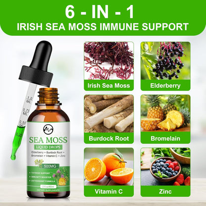 Sea Moss Liquid Drops - Irish Sea Moss 2000mg with Elderberry, Burdock Root, Bromelain, Vitamin C and Zinc - 98 Essential Minerals Seamoss Supplement for Immune, Joint, Digestion, Aging Support - 2oz