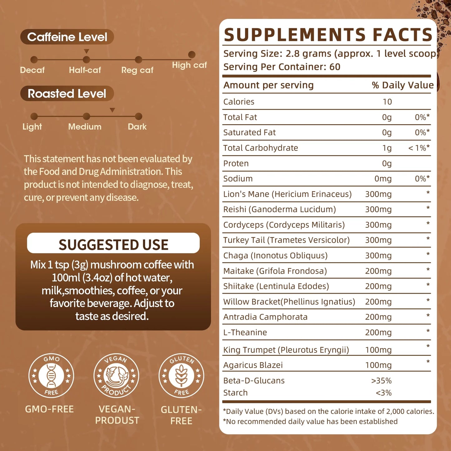 Mushroom Supplement Powder - Nootropic Organic Mushroom Complex for Focus & Memory, Brain Support Supplement, Ayurveda Mushroom Powder Extract, 60 Servings 6.2oz