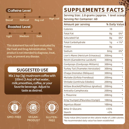 Mushroom Supplement Powder - Nootropic Organic Mushroom Complex for Focus & Memory, Brain Support Supplement, Ayurveda Mushroom Powder Extract, 60 Servings 6.2oz