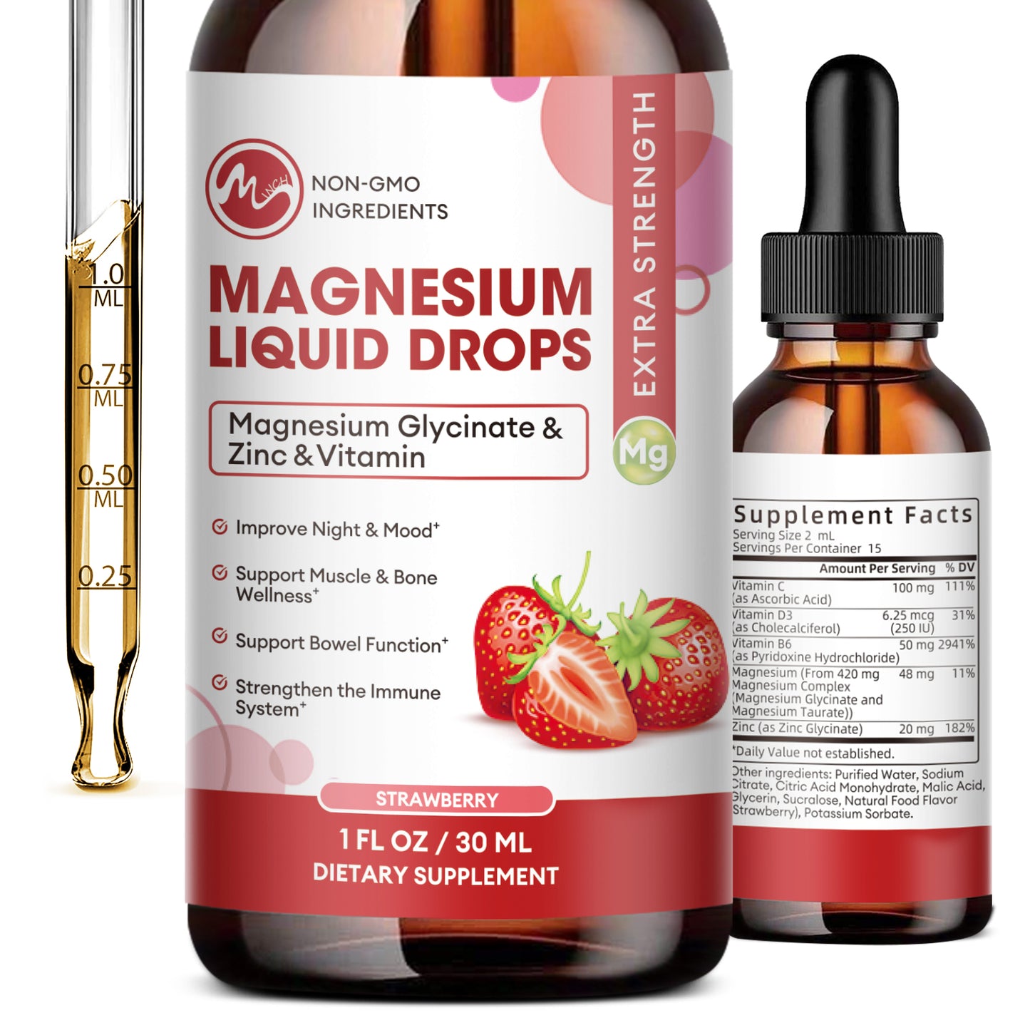 Minch Magnesium Liquid Drops 12-in-1 Magnesium Glycinate Complex | Strawberry Flavor
