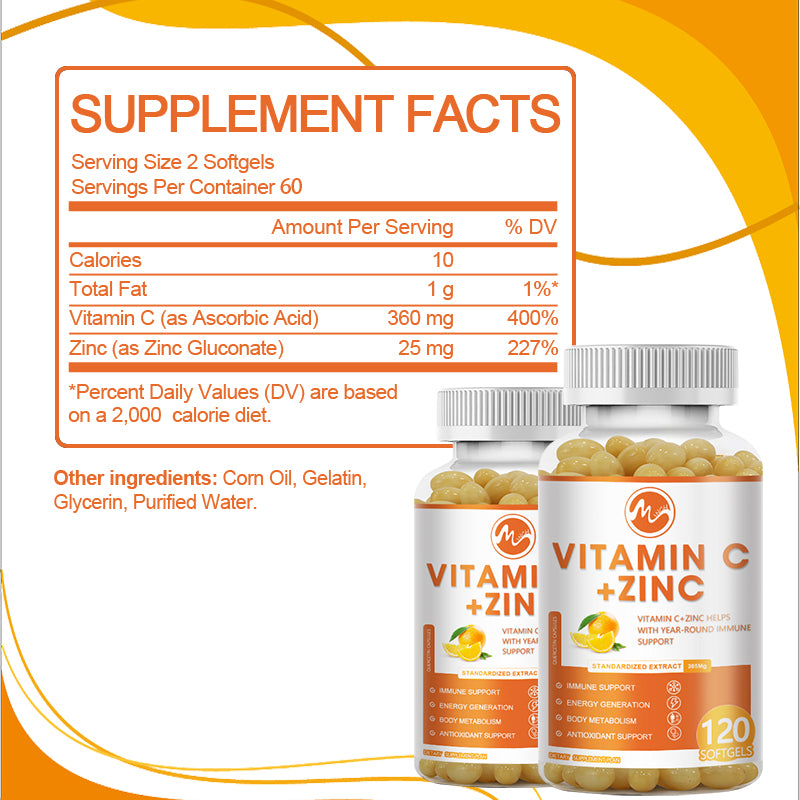 Vitamin C 1000mg Capsule With Zinc 20mg Immune Support, Energy Supplement Promote Hair, Skin, Nails & Joint Health Antioxidant