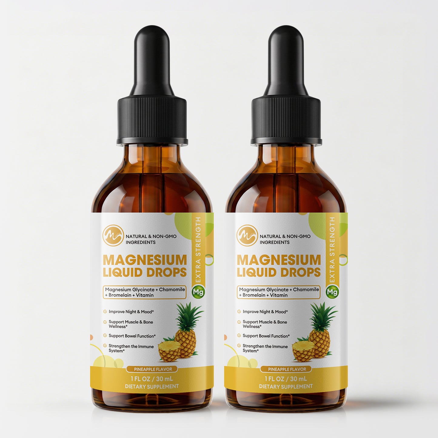 M inch High Absorption Magnesium Glycinate Liquid Drops with Chamomile, Hawthorn, Ginger Extract & Vitamin B6, B9, B12, C, D3, Pineapple Flavor, 2 Pack