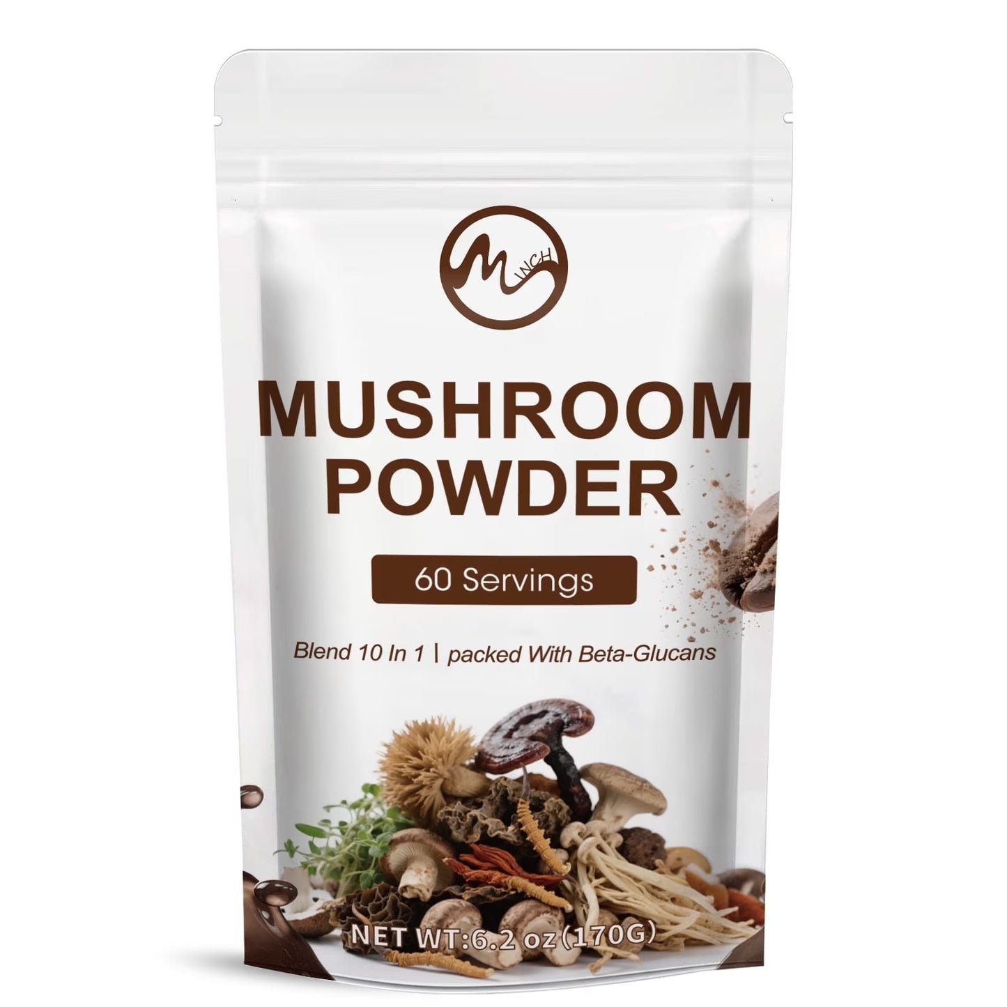 Mushroom Supplement Powder - Nootropic Organic Mushroom Complex for Focus & Memory, Brain Support Supplement, Ayurveda Mushroom Powder Extract, 60 Servings 6.2oz