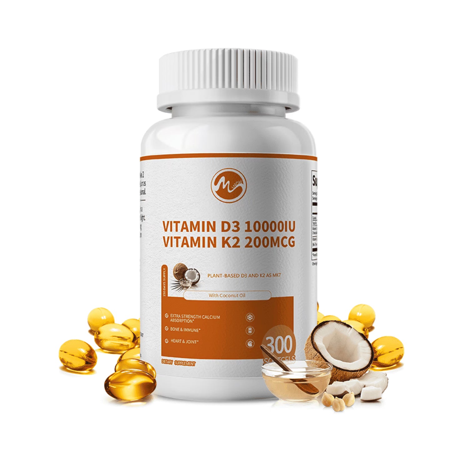 Vitamin D3 + K2 Dietary Supplement Vegetarian Capsules for Bone and Immune Health, 300 Count
