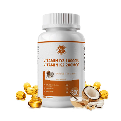 Vitamin D3 + K2 Dietary Supplement Vegetarian Capsules for Bone and Immune Health, 300 Count