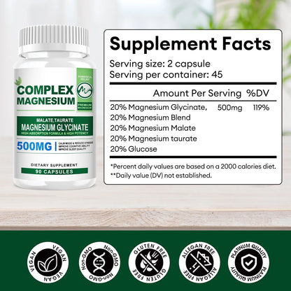 Magnesium Complex Capsule Supplement 500mg - Magnesium for Sleep, Muscle & Heart - 90 Capsule