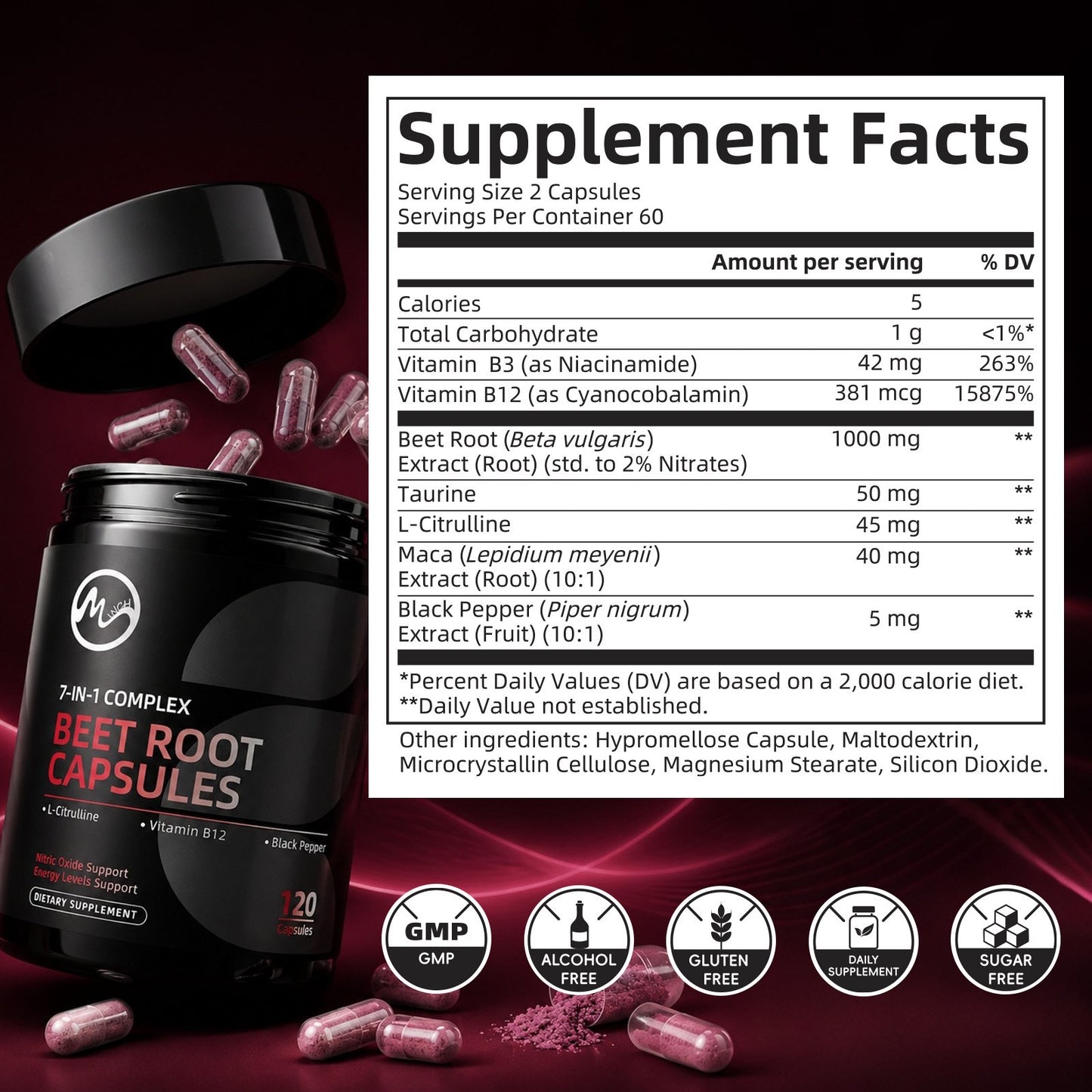 Beet Root Capsules,With Taurine L-Citrulline Black Pepper, Beet Root Powder Supplement Supports Digestive, Immune System,120 Count(2 Pack)