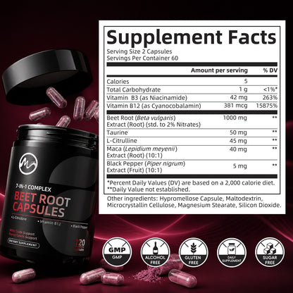 Beet Root Capsules,With Taurine L-Citrulline Black Pepper, Beet Root Powder Supplement Supports Digestive, Immune System,120 Count(2 Pack)