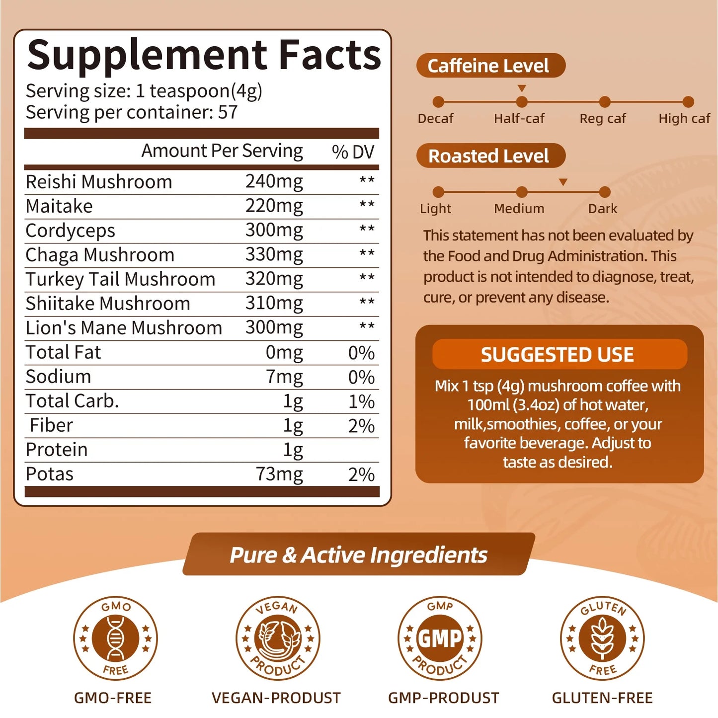 Mushroom Coffee Powder, Mushroom Supplement,for Energy, Focus, Memory and Immunity, 7.97 oz 57 Servings