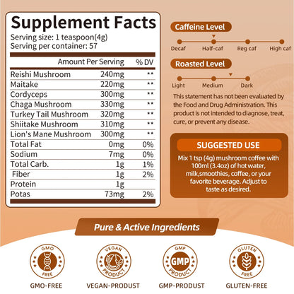 Mushroom Coffee Powder, Mushroom Supplement,for Energy, Focus, Memory and Immunity, 7.97 oz 57 Servings