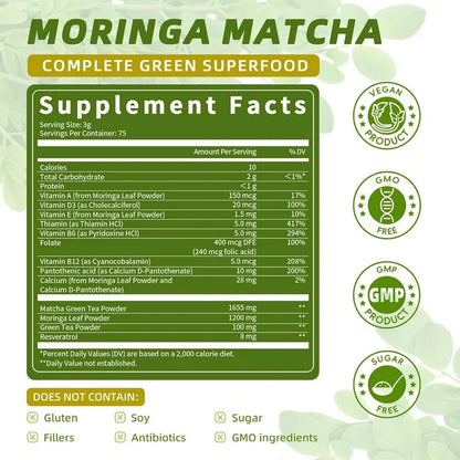 Moringa Powder – Moringa Oleifera Leaf Powder, with Matcha, Green Tea – 8Oz 227g