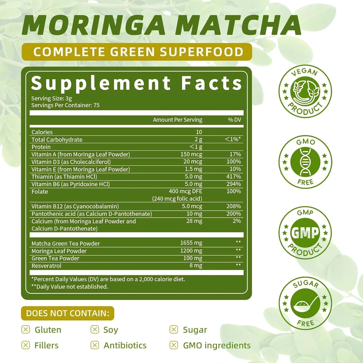 Moringa Powder – Moringa Oleifera Leaf Powder, with Matcha, Green Tea – Moringa Supplement for Moringa Tea, Moringa Drink - 8Oz 227g