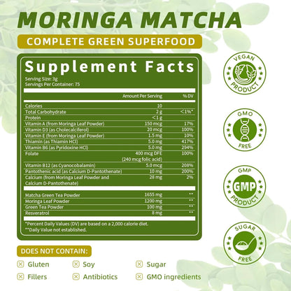 Moringa Powder – Moringa Oleifera Leaf Powder, with Matcha, Green Tea – Moringa Supplement for Moringa Tea, Moringa Drink - 8Oz 227g