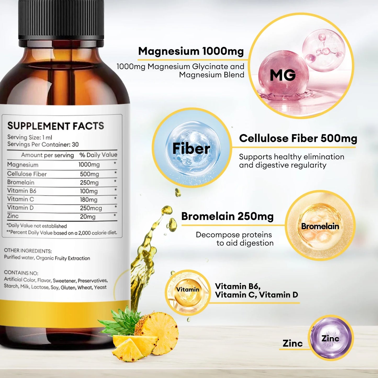 High Absorption Magnesium Liquid Drops with Cellulose Fiber, Bromelain, Vitamin B6, C, D, Zinc, Magnesium Supplement, Pineapple Flavor, 2 Pack