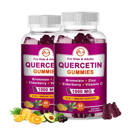 Quercetin Gummies with Bromelain, Elderberry, Zinc and Vitamin C - Chewable Quercetin 1000mg Supplement for Immunity, Cardiovascular, Allergy, Aging Support - Vegan Gummies for Adult & Kid