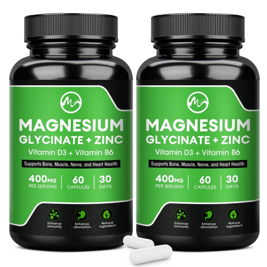 Magnesium Glycinate Capsules, Magnesium Supplement with Magnesium Glycinate 500mg Zinc Vitamin D3 & B6 - Promotes Nerve, Bowel, Relaxation Function - 60 Vegan Capsules for Women & Men