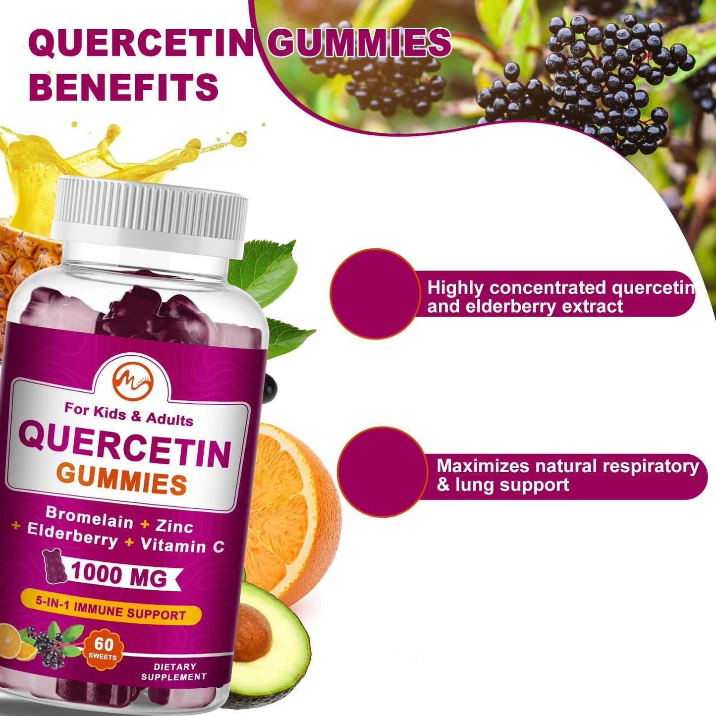 Quercetin Gummies with Bromelain, Elderberry, Zinc and Vitamin C - Chewable Quercetin 1000mg Supplement for Immunity, Cardiovascular, Allergy, Aging Support - Vegan Gummies for Adult & Kid