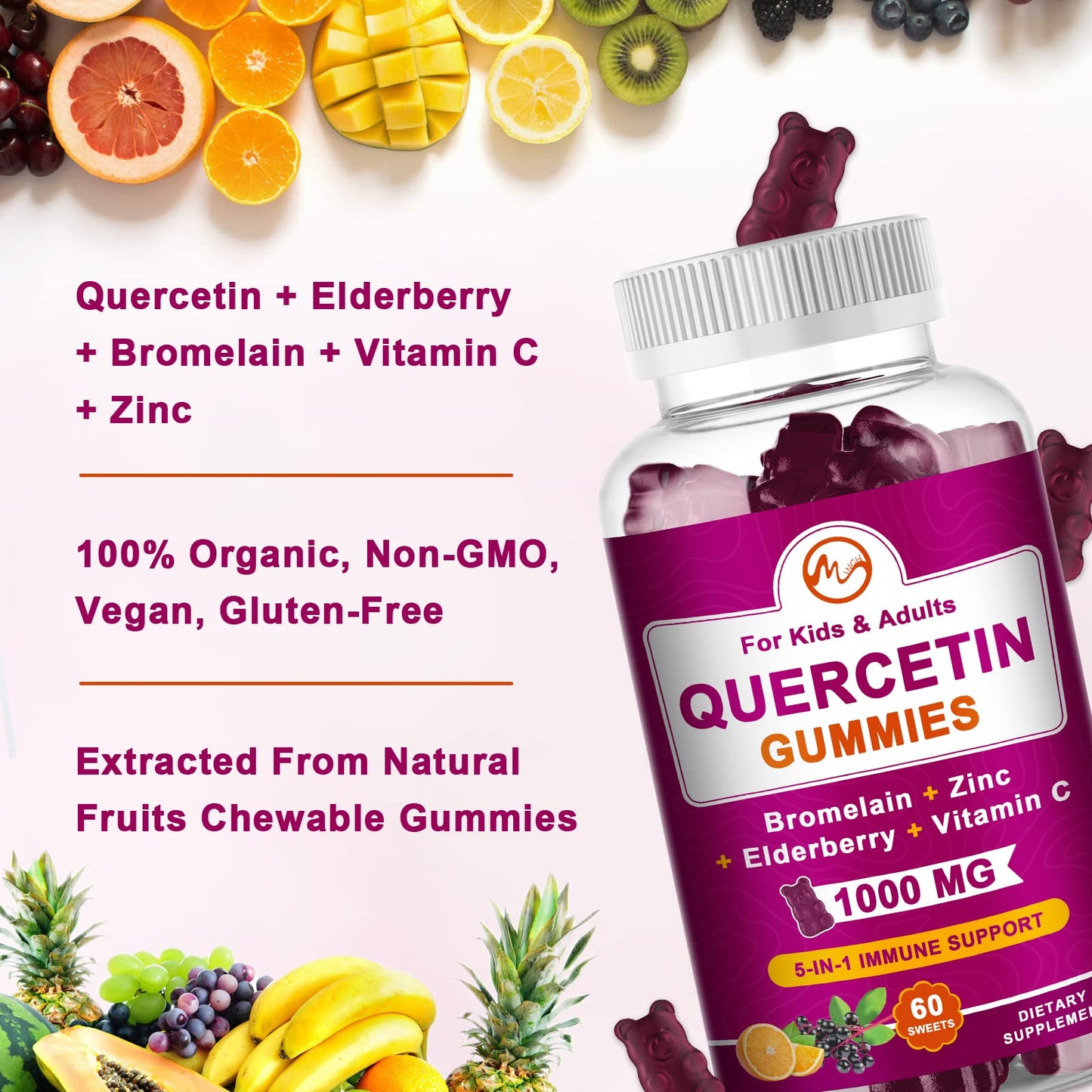 Quercetin Gummies with Bromelain, Elderberry, Zinc and Vitamin C - Chewable Quercetin 1000mg Supplement for Immunity, Cardiovascular, Allergy, Aging Support - Vegan Gummies for Adult & Kid